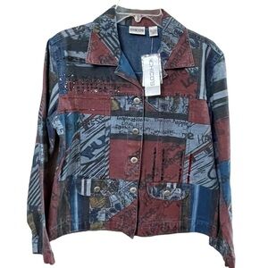Chicos Size 0 Denim Jacket Womens NEW Red Blue Graphic Print Graffiti Pop Stripe